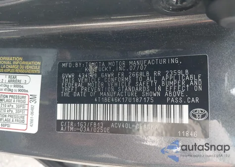 2007 Toyota Camry Le из США, поврежденный, VIN 4T1BE46K17U187175